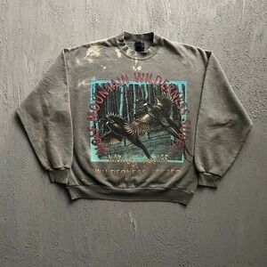 Vintage Wolf Mountain Wilderness Graphic Sweatshirt Mens Large Grey 90s Sun